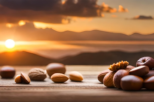 nuts and a sunset on a wooden table