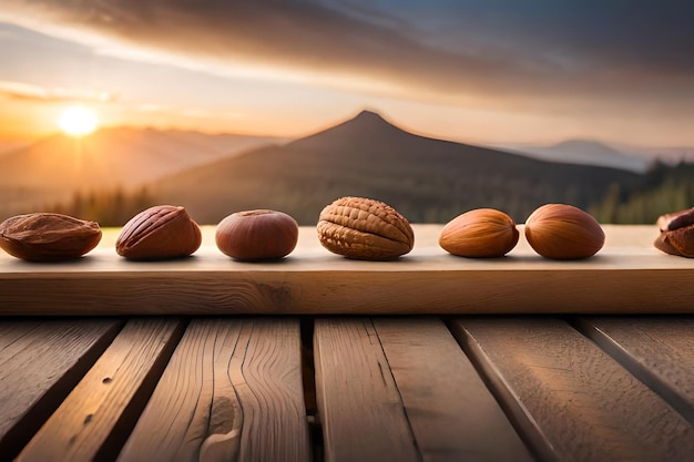 nuts on a table with a sunset in the background