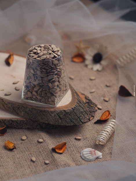 nuts with wooden podium on table