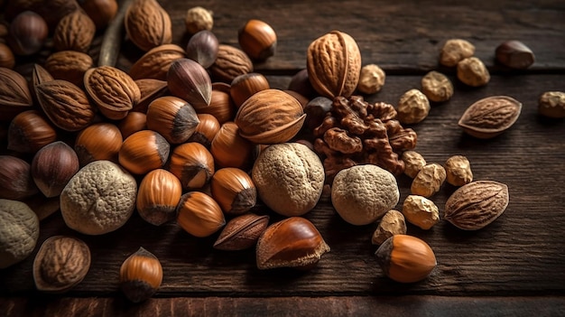 Nuts on a wooden table with a dark background