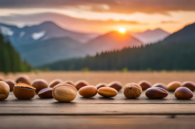 nuts on a wooden table with mountains in the background