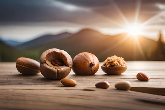 nuts on a wooden table with the sun setting behind them.