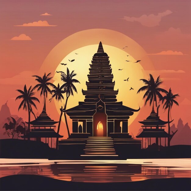 Nyepi Day Background Illustration With The Temple At Sunset