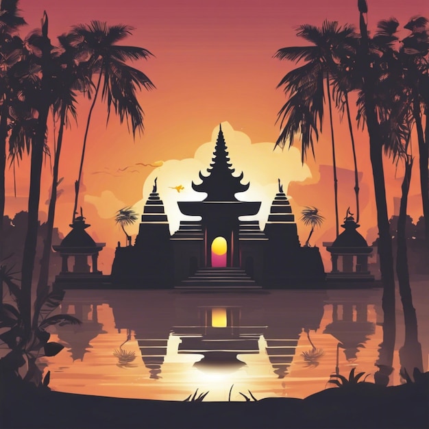 Nyepi Day Background Illustration With The Temple At Sunset