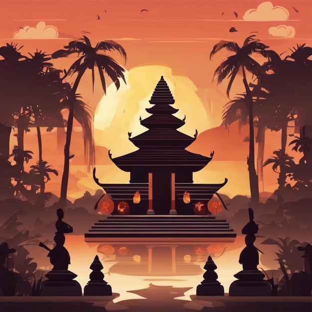 Nyepi Day Background Illustration With The Temple At Sunset