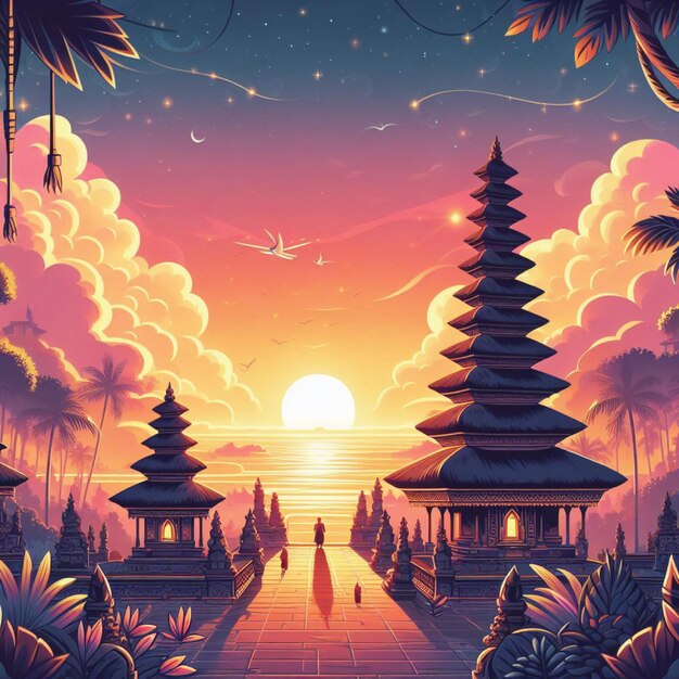 Nyepi day of silence background illustration with temple at sunset