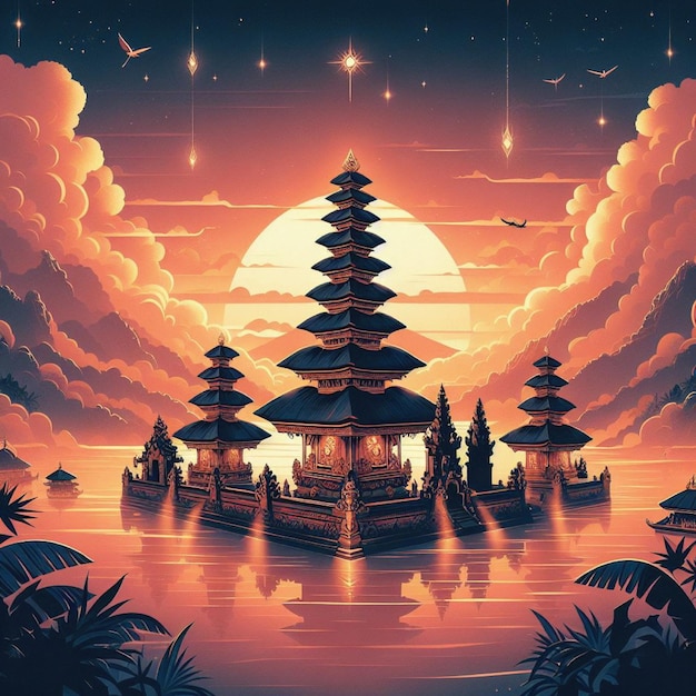 Nyepi day of silence background illustration with temple at sunset