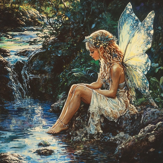 A nymph with gossamer wings beside a babbling brook