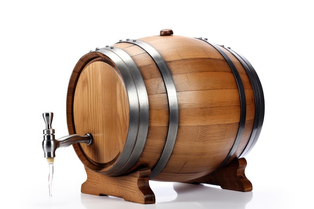 An oak barrel equipped with a tap standing alone on a white background