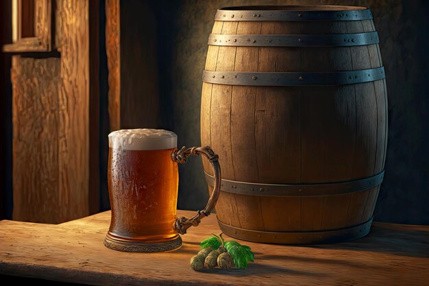 Oak beer barrel standing on table and next to it is mug of beer created with generative ai