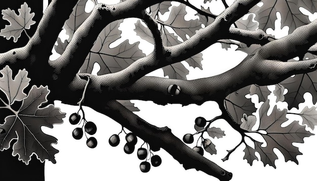 Oak branch with leaves and acorns and oak tree black and white graphics vintage