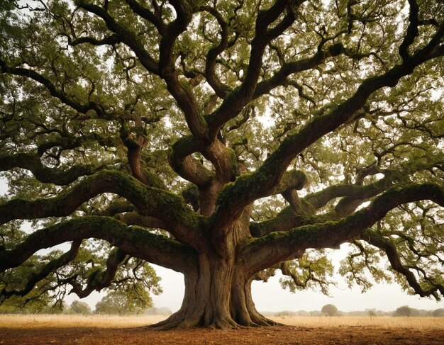 Photo oak tree in autumnal meadow at sunset