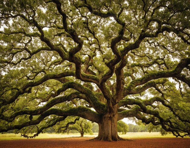 Photo oak tree in autumnal meadow at sunset