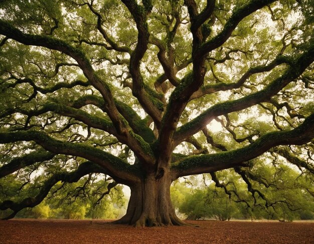 Photo oak tree in autumnal meadow at sunset