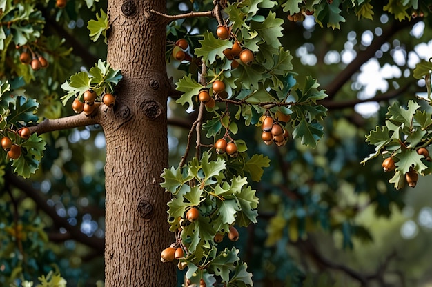 Photo oak tree branches with hanging acorns