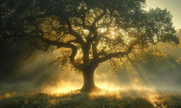 Oak Tree in MistCovered Forest Ethereal Atmosphere