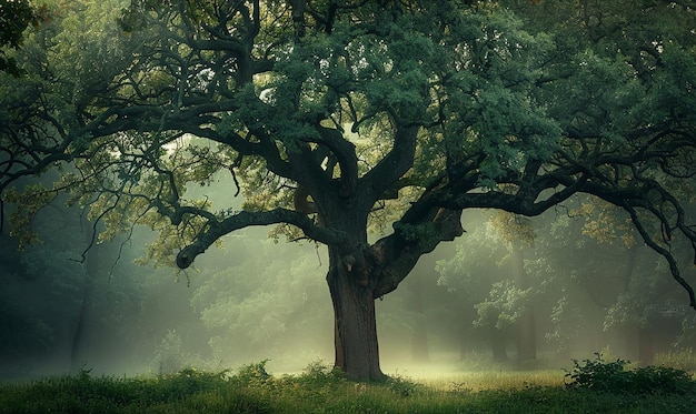 Oak Tree in MistCovered Forest Ethereal Atmosphere