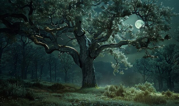 Oak Tree in Moonlit Forest Nocturnal Scene