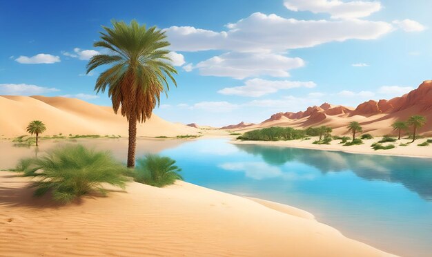 an oasis in the desert a lake of water in the middle of the desert and a few trees