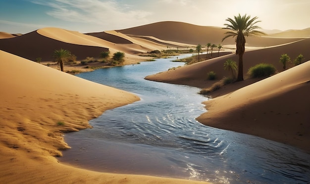 an oasis in the desert a lake of water in the middle of the desert and a few trees