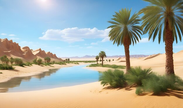 an oasis in the desert a lake of water in the middle of the desert and a few trees