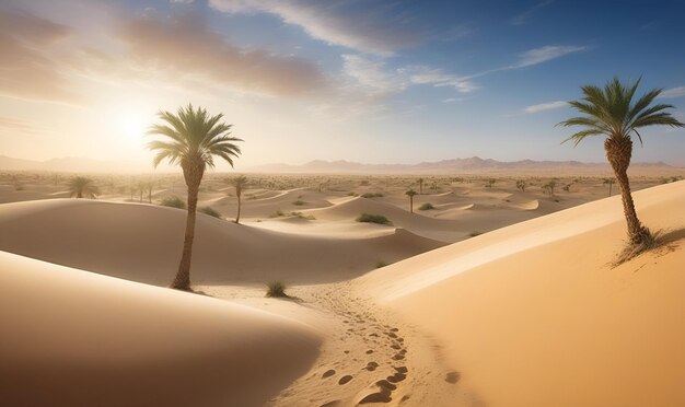 an oasis in the desert a lake of water in the middle of the desert and a few trees