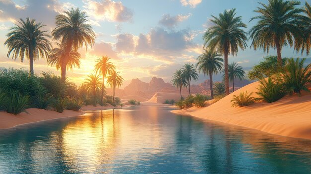 Photo oasis in the desert at sunset