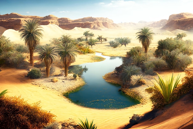 Oasis in the desert water palm trees landscape