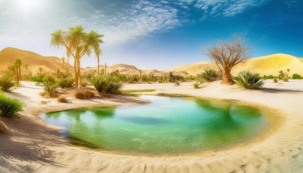 Photo oasis in the desert with clean water trees and grass under the sun