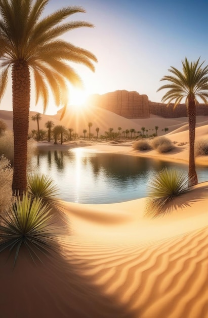 Oasis dune desert landscape Lake and palm trees Travel and vacation vertical sunny background