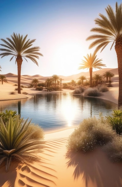 Oasis dune desert landscape Lake and palm trees Travel and vacation vertical sunny background