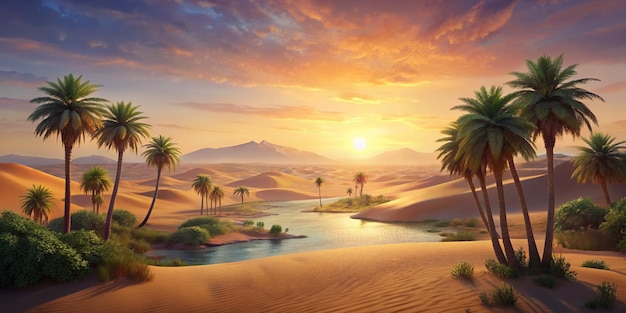 Photo oasis at sunset in a sandy desert a panorama of the desert with palm trees background illustration