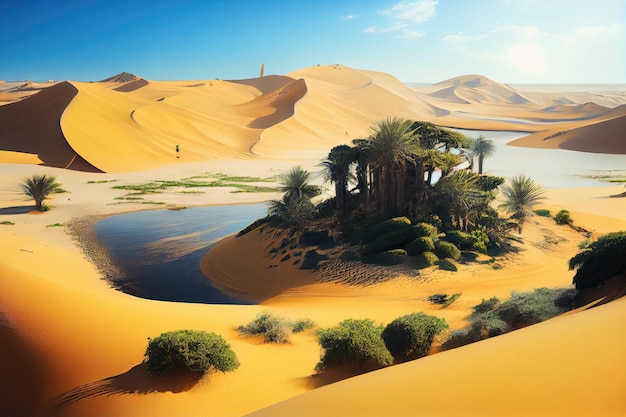 Oasis surrounded by towering dunes with rolling waves of sand