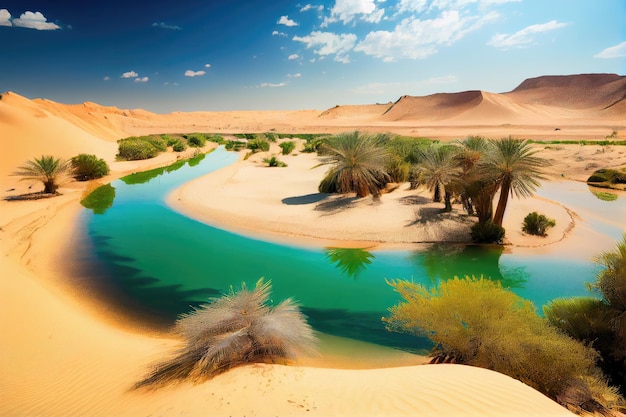 Oasis with clear blue water and sandy beach surrounded by hot and arid desert