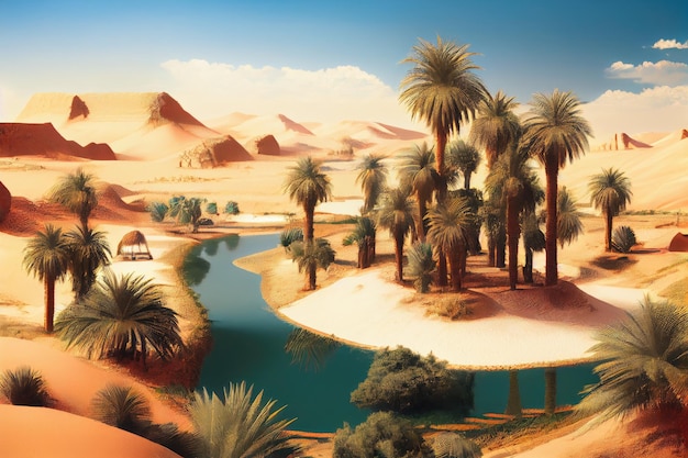 Oasis with palm trees and blue skies surrounded by endless desert created with generative ai