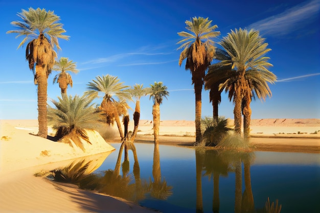 Oasis with palm trees and clear blue sky in the desert