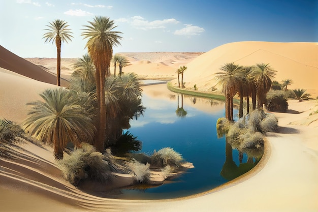 Oasis with palm trees and clear blue water surrounded by endless desert