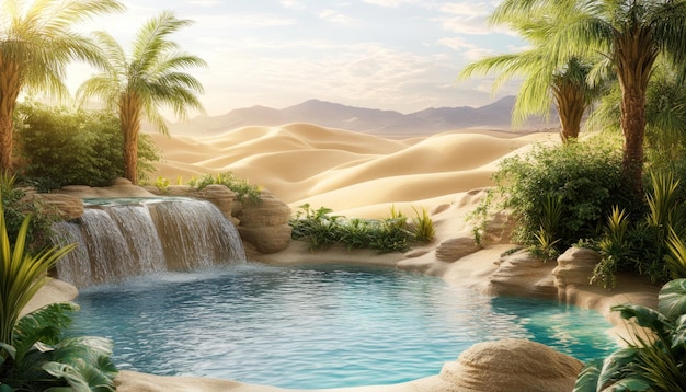 Oasis with Palm Trees and a Waterfall in the Desert