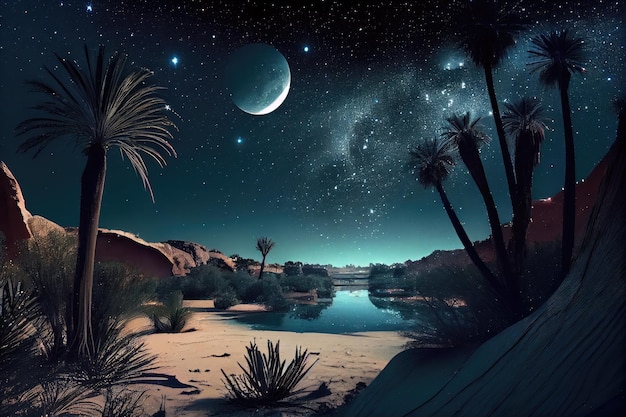 Oasis with view of the night sky with stars and moon visible above