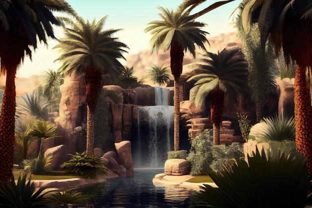 Oasis with waterfall surrounded by greenery and palm trees