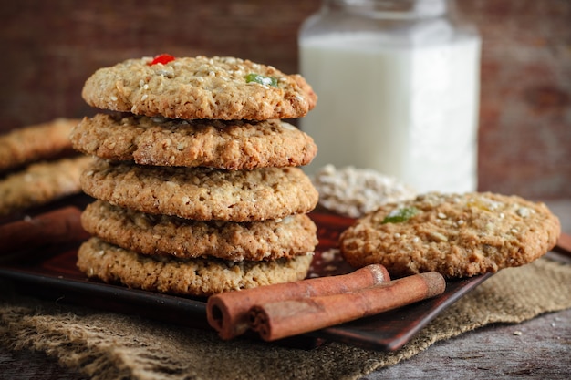 Oat biscuits on a wooden background