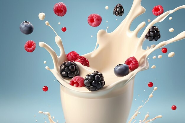 oatmeal ad with milk splashing and mixed berries 3d illustration