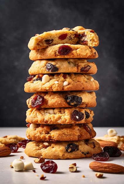 oatmeal cookie stack with nuts and raisins in the style of light gray and maroon earthcore