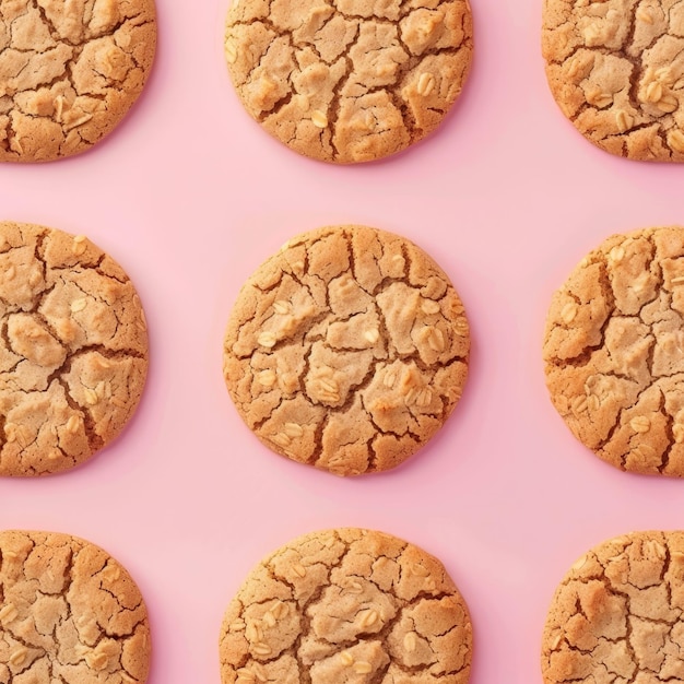 Photo oatmeal cookies arranged in rows on a pink background