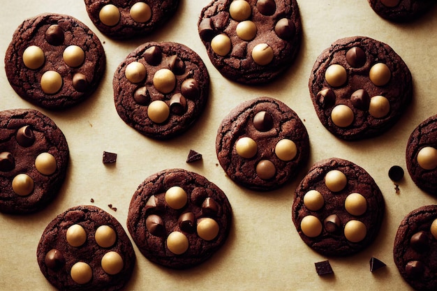 Oatmeal cookies brownies with chocolate pieces on light background