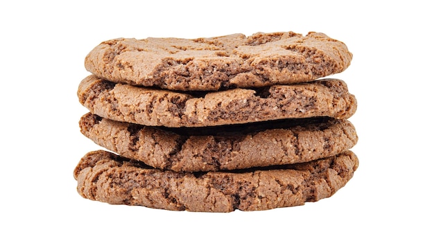 Oatmeal cookies chocolate dark brown stacked four pieces isolated on white background with clipping path