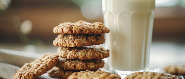 Oatmeal cookies stacked with a glass of milk evoke homey warmth