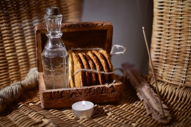 Oatmeal cookies tied with a jute rope in a wooden boxRustic retro style