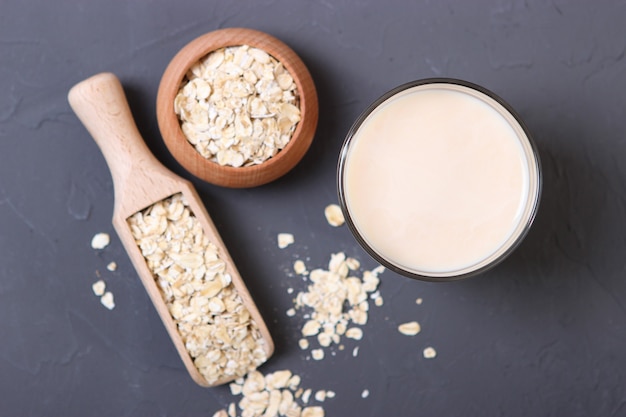 Oatmeal milk on the table vegetable milk vegetarian milk