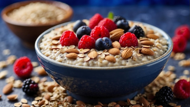 Oatmeal porridge adorned with almonds ripe berries and nutritious chia seeds